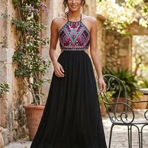 Lulu's Vibrant Embroidered Halter Maxi Dress - Black and Pink